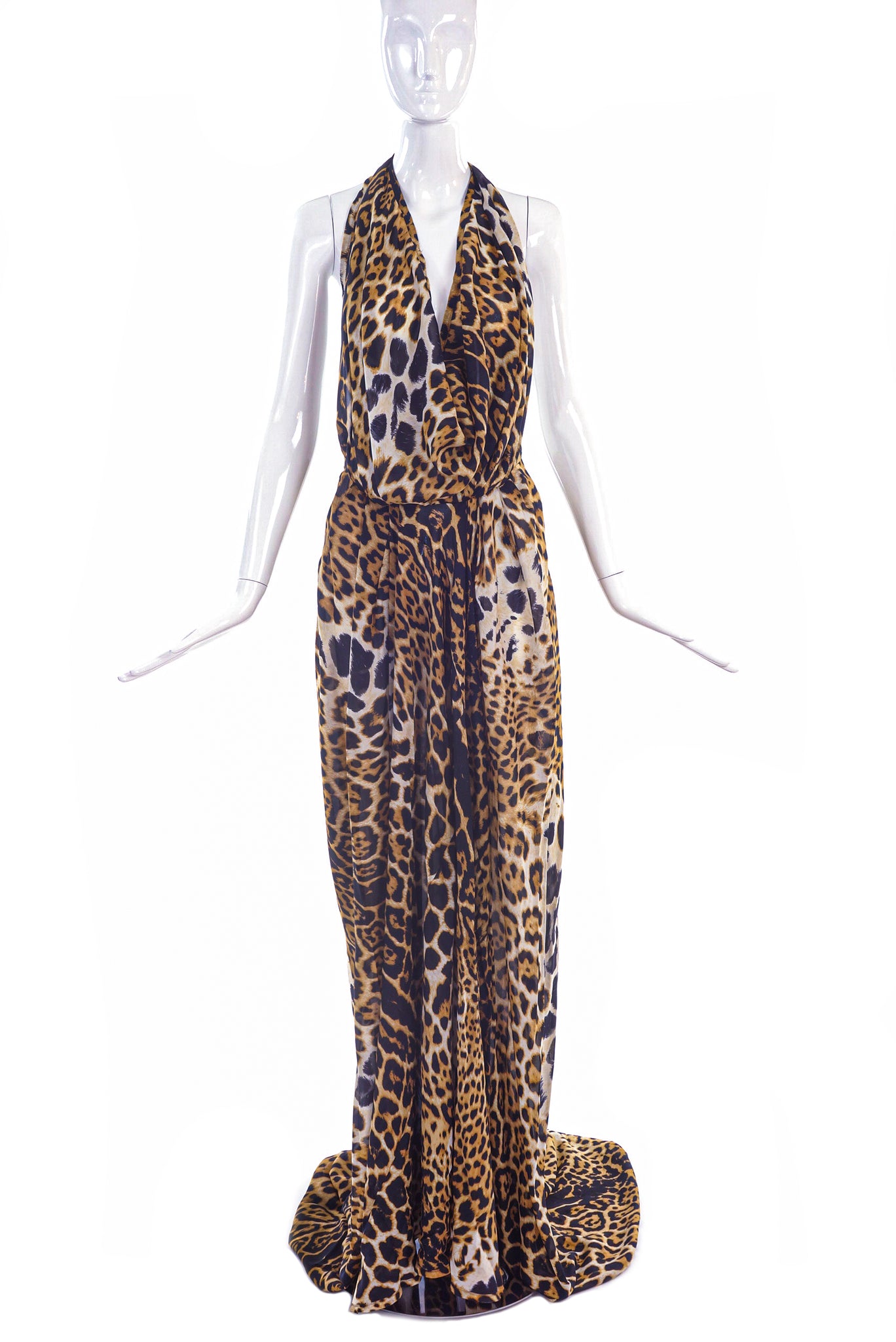 saint laurent leopard-print silk-chiffon maxi dress Yves Saint Laurent by Tom Ford Silk Leopard Cut Out Maxi Dress YSL, 20 Basha Gold