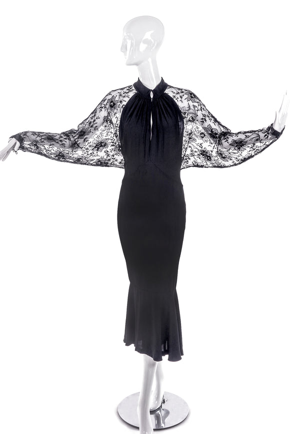 Ted Lapidus Black Crepe Satin and Chantilly Lace Paris Couture Dress