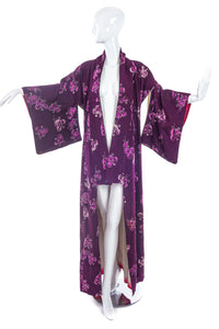 Vintage Purple Silk Crepe Kimono With Flower Print
