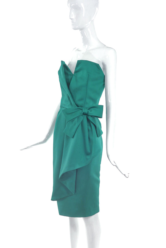 Vintage Designer Emerald Green Bustier Cocktail Dress with Bow