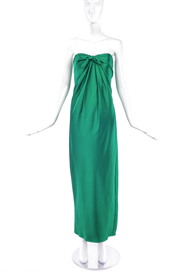 Vintage Emerald Hammered Satin Bustier Dress Halston Style