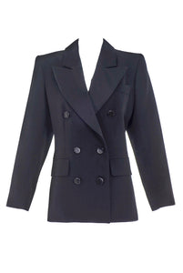 Saint Laurent Rive Gauche Black "Le Smoking" Tuxedo Suit with Couture Shoulder and Oversized Satin Lapel