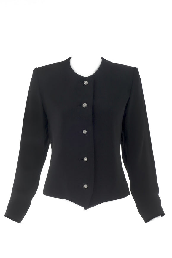 Saint Laurent Rive Gauche Black Bar Jacket with Silver Rose Buttons - BOUTIQUE PURCHASE PRICE