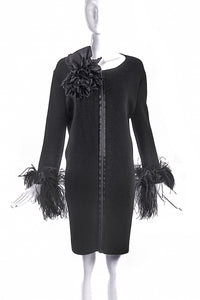 Lanvin Black Wool Dress with Feather Sleeve Cuffs and a Fabric Flower Broach