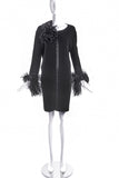 Lanvin Black Wool Dress with Feather Sleeve Cuffs and a Fabric Flower Broach