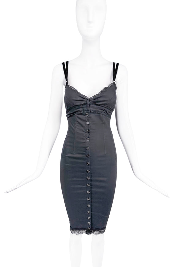 D&G by Dolce Gabbana Black Cotton Lace Trim Sophia Loren Button Up Body Con Dress