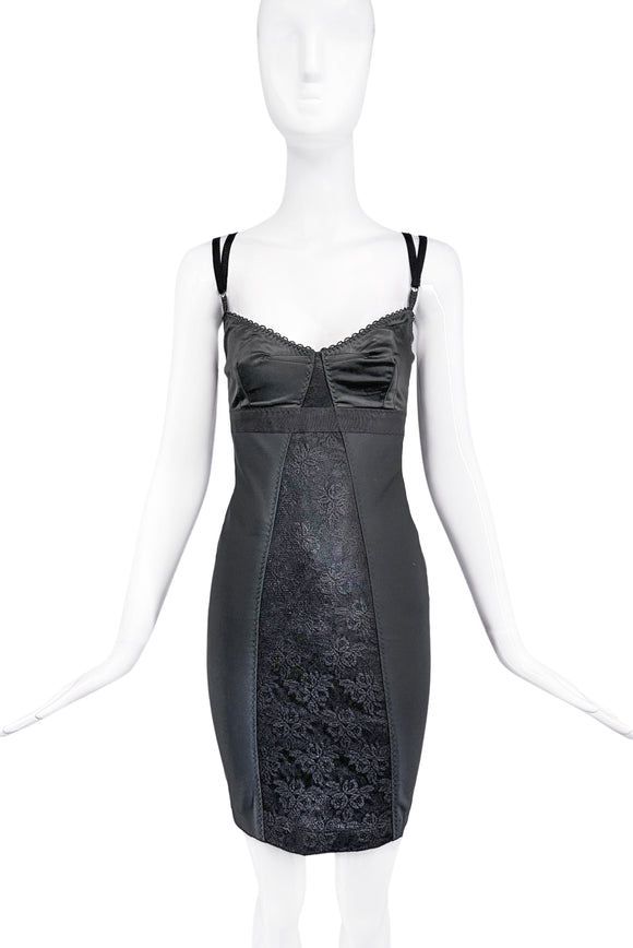 D&G by Dolce & Gabbana Black Mini Bodycon Girdle Dress with Black Lace Insert Detail
