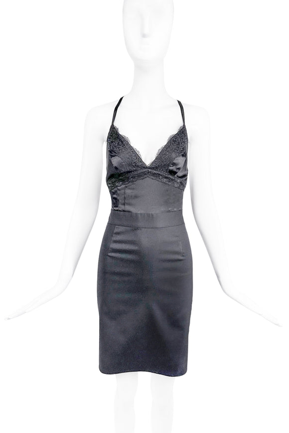D&G by Dolce & Gabbana Black Satin Bodycon Dress with Lace Detail