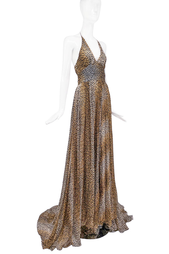 Dolce Gabbana D&G Leopard Print Brown Silk Halter Neck Gown Dress