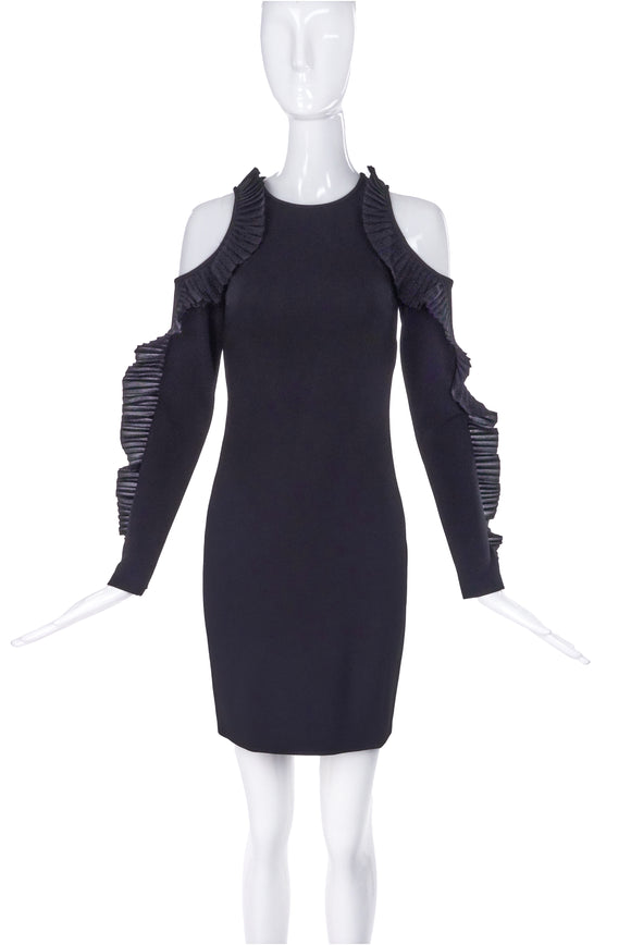 David Koma Black Bodycon Cold-Shoulder Dress with Ruffle Detail SS2017