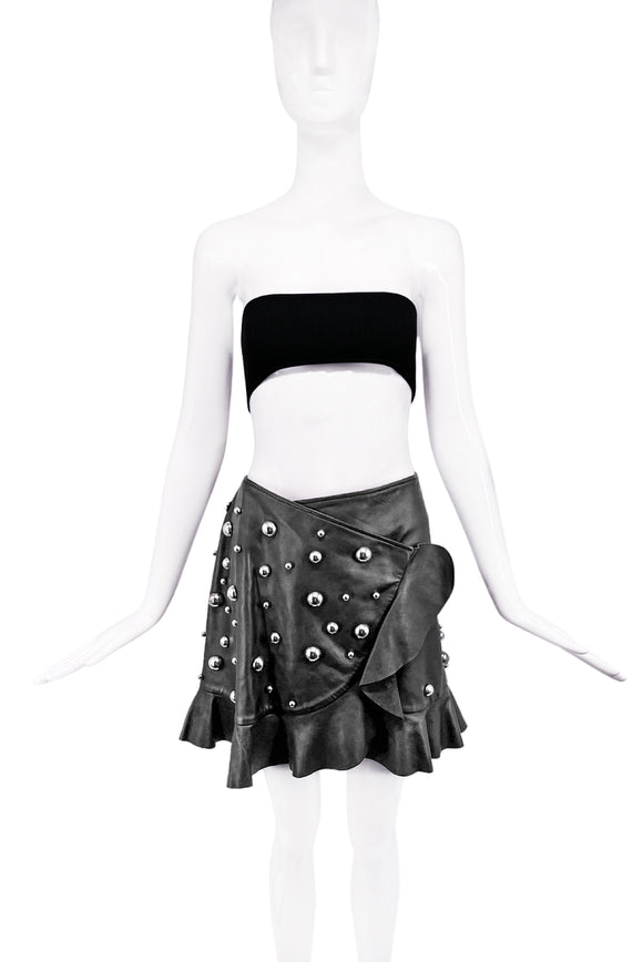 Dodo Bor Or Black Leather Silver Metal Studded Skirt