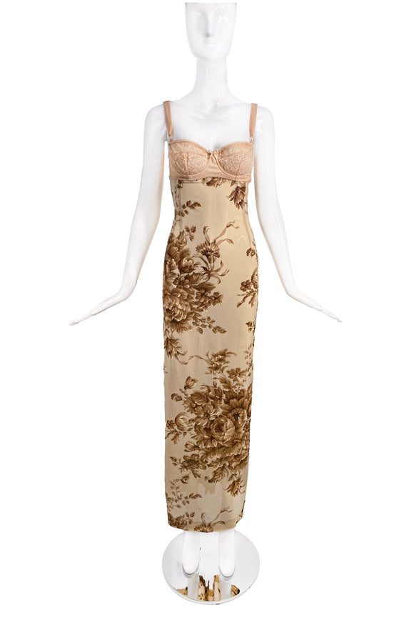 Dolce Gabbana Brown Floral Nude Bra Bustier Dress Gown Spring 1997 Col PaumLosAngeles Dolce Gabbana Brown Floral Nude Bra Bustier Dress Gown Spring 1997 Col PaumLosAngeles