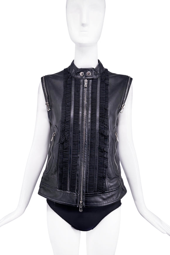Dolce & Gabbana Black Leather Moto Vest with Ruffle Details