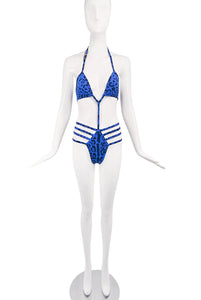 Dolce Gabbana Blue Leopard Cut Out Strappy Body Suit Bikini Swim Suit