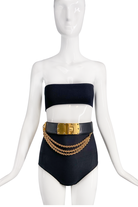 Donna Karan New York Black Leather Belt with Gold Buckle with Triple Chain FW1992