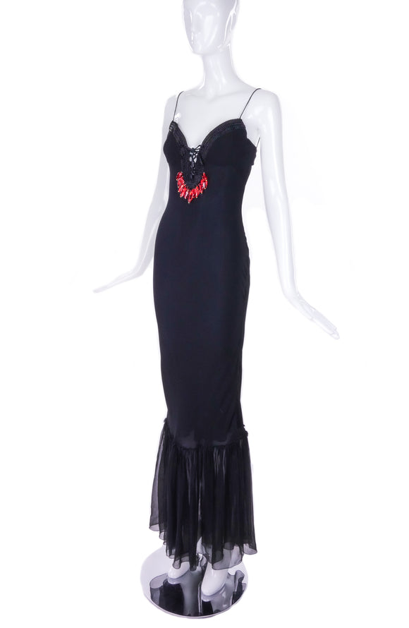 Emanuel Ungaro Black Chiffon Slip Dress Gown with Red Glass Beads