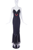 Emanuel Ungaro Black Chiffon Slip Dress Gown with Red Glass Beads