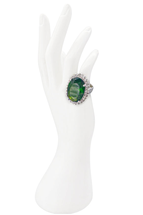 Vintage Emerald Green Silver Oval Diamond Framed Cocktail Ring