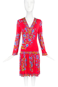 Emilio Pucci Red 1960's Vintage Silk Jersey Dress with Pale Blue Floral Print and Pleated Skirt