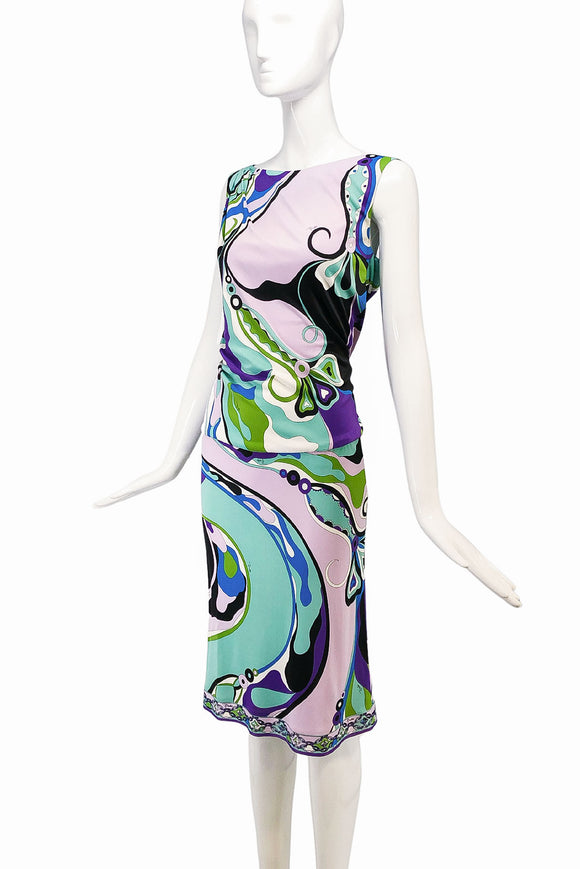 Emilio Pucci Multicolored Lavender Turquoise Blue Sleeveless High Neck Plunging Back Shift Dress