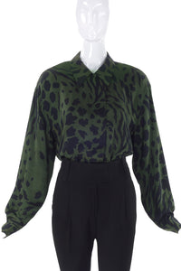 Escada Forest Green Silk Blouse with Black Leopard Zebra Animal Print - BOUTIQUE PURCHASE PRICE