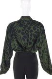 Escada Forest Green Silk Blouse with Black Leopard Zebra Animal Print - BOUTIQUE PURCHASE PRICE
