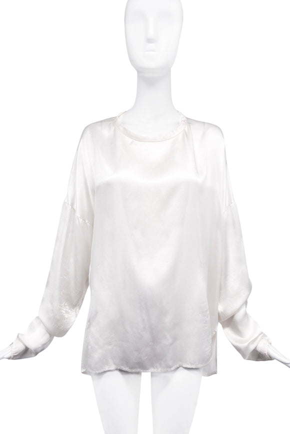 Faith Connexion White Ivory Satin Long Sleeve Oversize T-Shirt Top