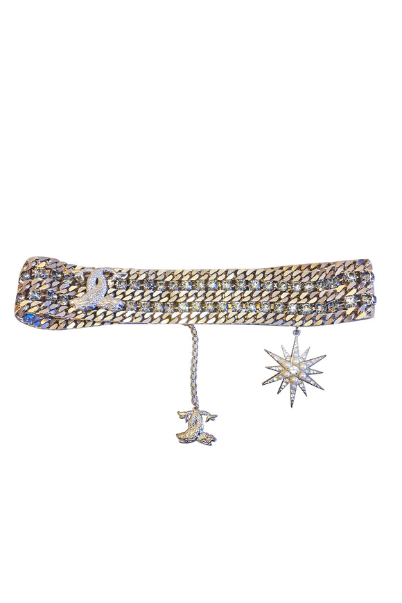 Fausto Puglisi Silver Chain and Rhinestone Crystal Belt with Star Pearl Pendent