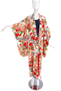 Vintage Kimono Floral Poppy & Leaf Print with extra long Sleeve