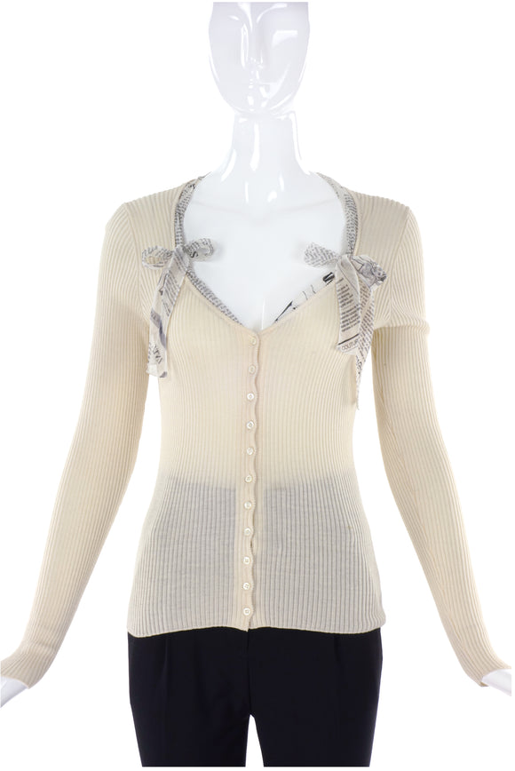 John Galliano Ivory Ribbed Knit Cardigan with Pearlescent Buttons and Newsprint Ribbons - BOUTIQUE PURCHASE PRICE