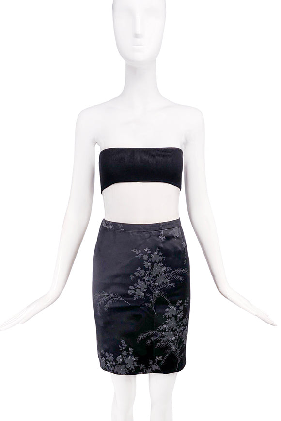 Versace Black Satin Skirt with Floral Print 1990's