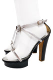Giuseppe Zanotti Black Patent Silver Metallic Leather Platform Strappy Sandals with Clear Prism Crystal