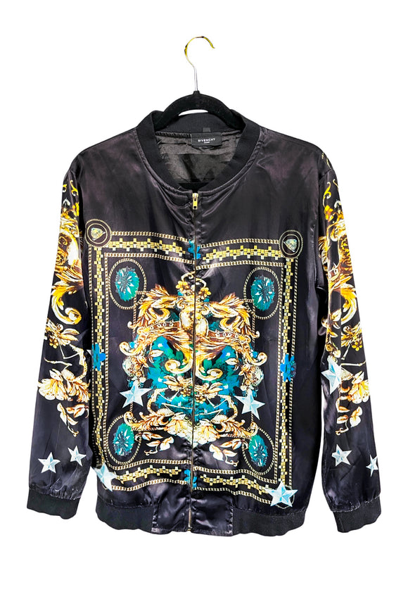 Givenchy Gold Blue Black Satin Baroque Star Print Bomber Jacket