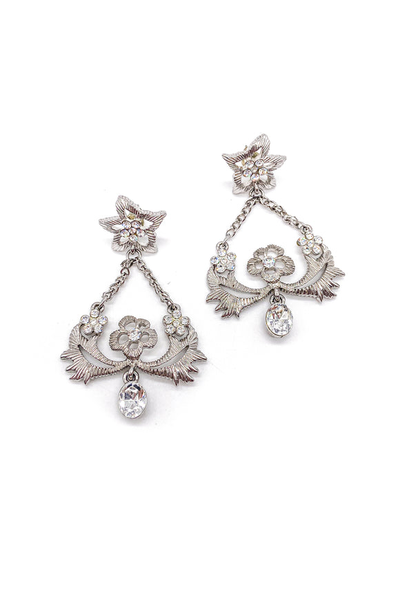 Givenchy Silver Floral Trapeze Earrings with Crystals