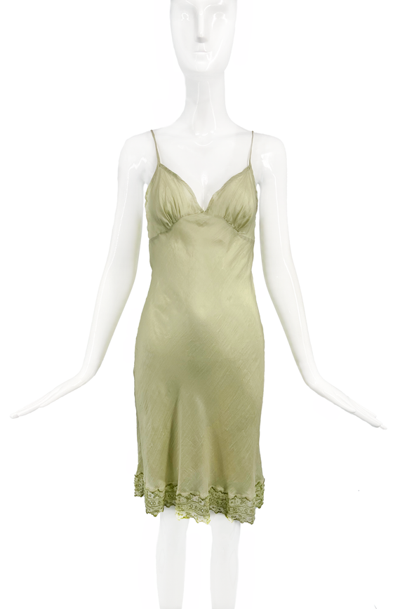 Colette Dinnigan Pale Green Silk Slip 90's Dress with Crochet Lace Hem