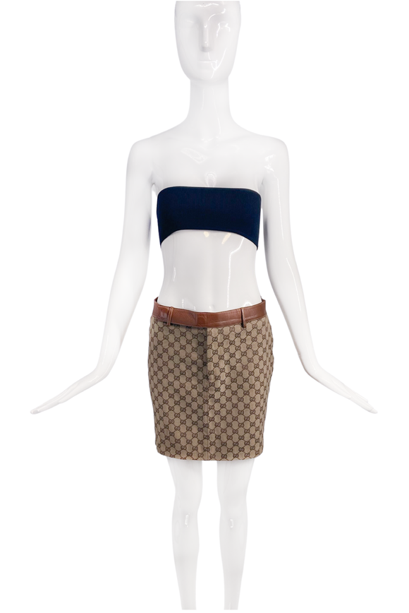 Gucci Brown Canvas Iconic GG Gucci Logo Print Leather Waistband 90's Tom Ford Skirt