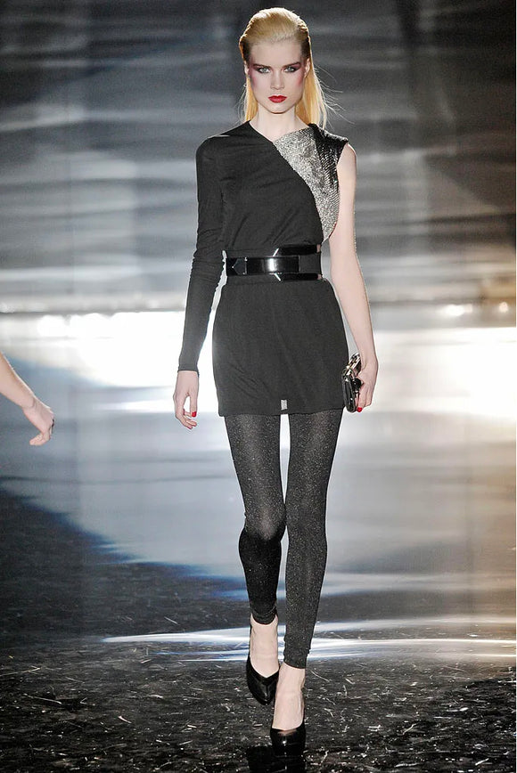 Gucci Black One Sleeve Asymmetric Metal Chain Mesh Shoulder Detail Runway Dress FW2009