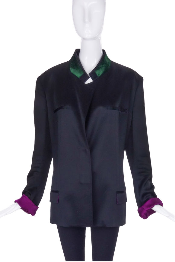 Haider Ackermann Black Satin Suit Blazer with Colorblock Details