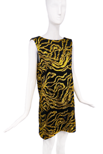 Halpern Gold and Black Tiger Coral Print Shift Dress with Plunging Back FW2019