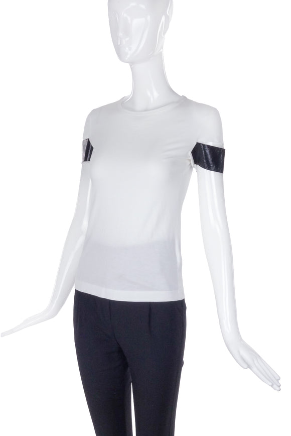 Helmut Lang White Cut-Out Sleeve T-Shirt with Black Latex Detail