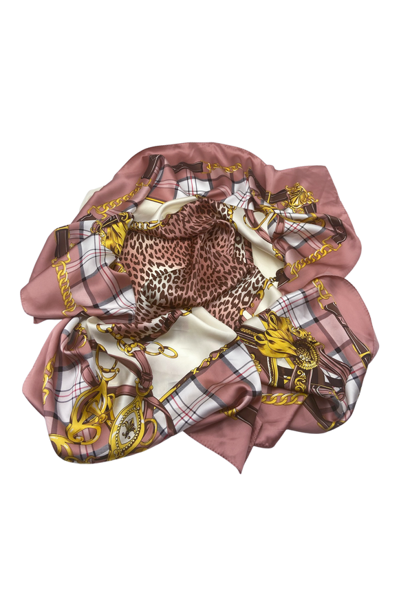 Vintage Silk Scarf Taupe Gold Pink in Style of Hermes/Burberry/Gucci/Versace Leopard & Horse Bits & Plaid Print