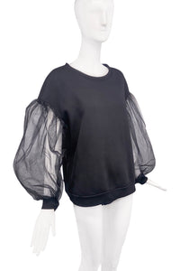Vintage Black Sweatshirt with "Molly Goodard Style" Sheer Chiffon Balloon Sleeve