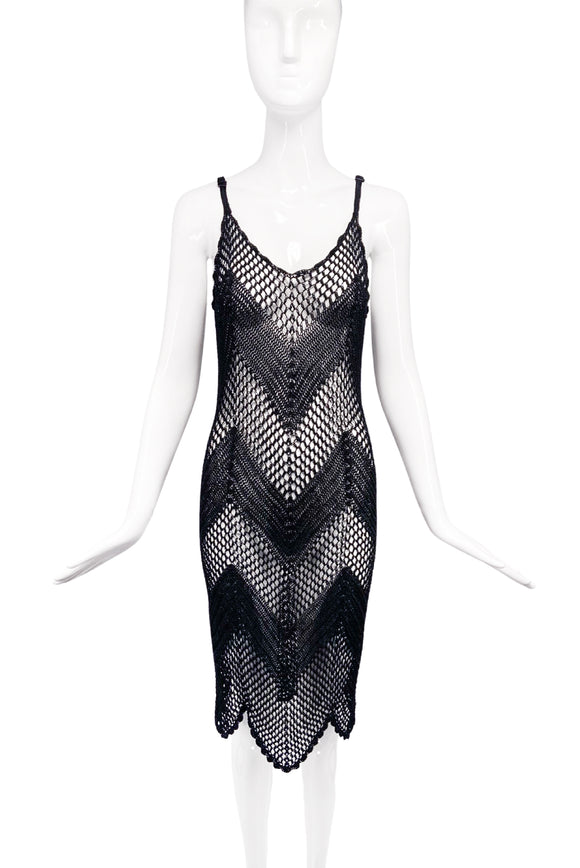 Armani Black Fishnet Crochet Chevron Pattern Slip Dress