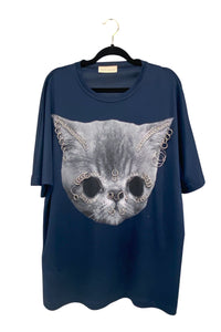 Shaun Samson Blue Navy Pussy Cat Pierced T-shirt Top