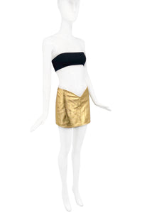 Jenni Kayne Gold Metallic Leather Low V-Cut "Julia Fox" Mini Skirt