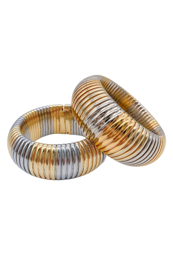 Vintage Gold Silver Gray Metallic Ribbed Snake Bracelet Set of Two
