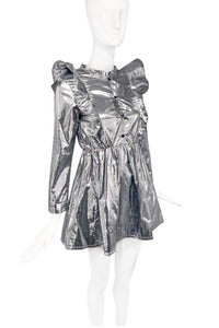 Sonia Rykiel Silver Metallic Gray Ruffle Shoulder Baby Doll Space Dress