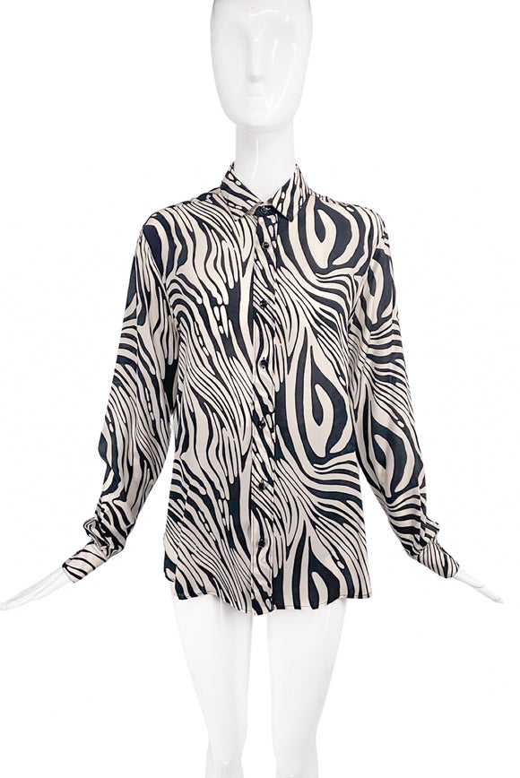 Saint Laurent Paris White and Black Zebra Print Silk Button-Up Shirt FW2015*