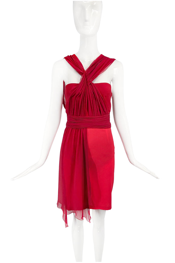 Vionnet Red Chiffon Pleated Chiffon Cross Halter Neckline Mini Dress