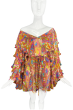 D&G Dolce Gabbana Multi Color Paisley Psychedelic Floral 1960's Print Ruffle Sleeve Sheer Chiffon Dress